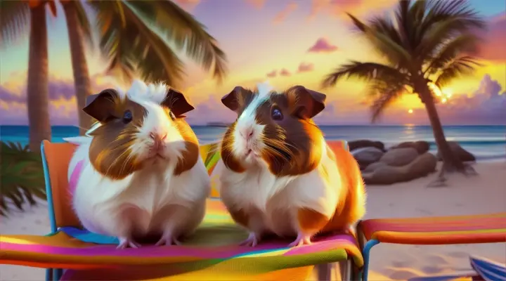 Two guinea pigs relax on a cozy beach chair and watch the sunrise over a colorful tropical paradise