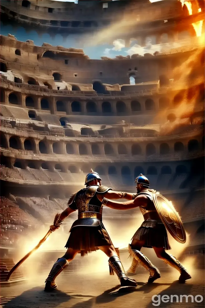 two men in roman armor fighting in a stadium