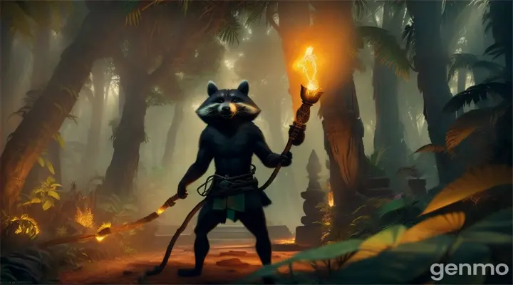 A fearless raccoon explorer with a glowing torch, discovering a hidden temple in the jungle. Rocco should look curious and excited, with his torch lighting up ancient carvings.