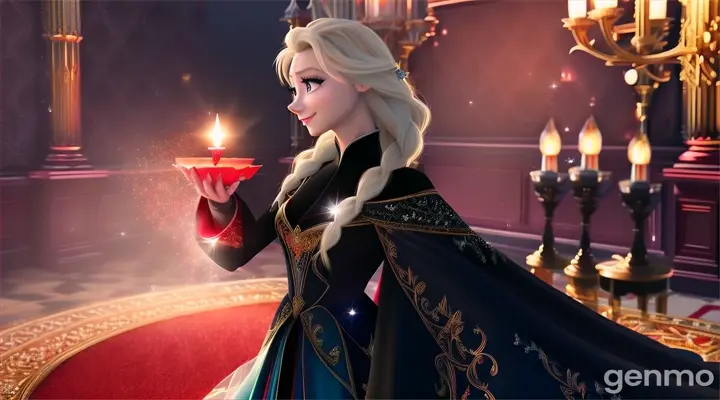 Animated elsa holding red candel in black dress in a big castle