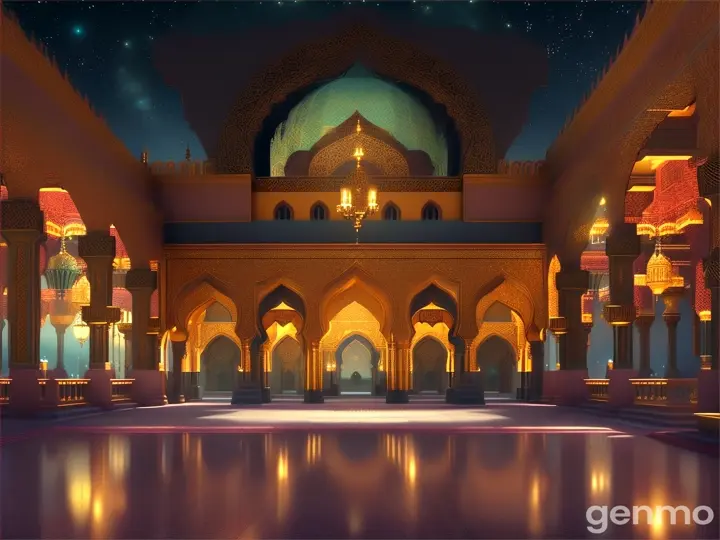 A majestic Arabian palace in dreamy, illuminated surroundings, surrounded by fireflies