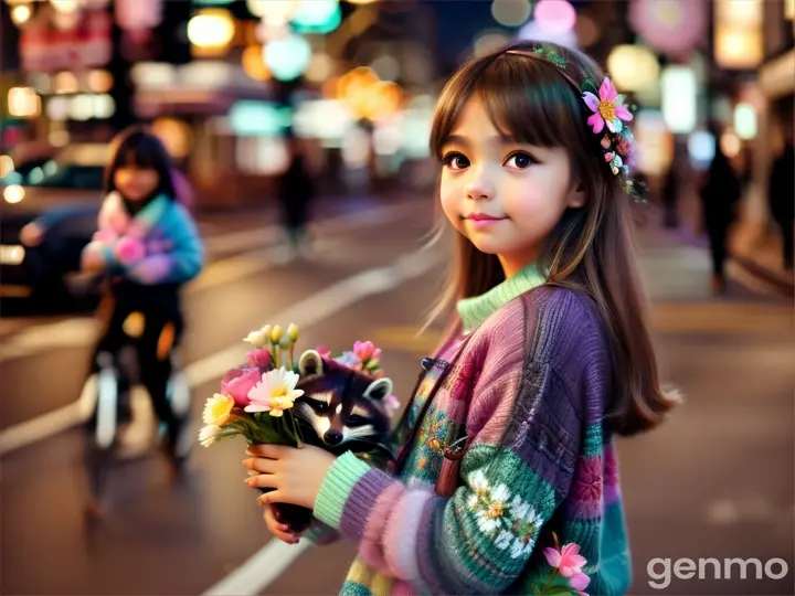 A raccoon girl with flowers in her hand in a colorful sweater walks down a night street