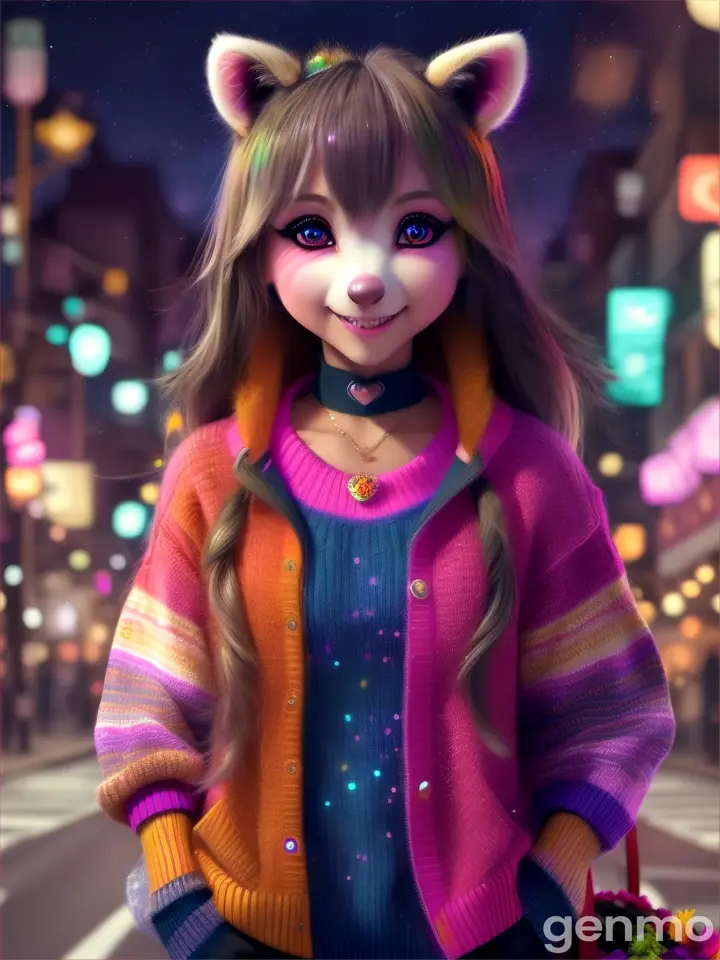 A raccoon girl with flowers in her hand in a colorful sweater walks down a night street