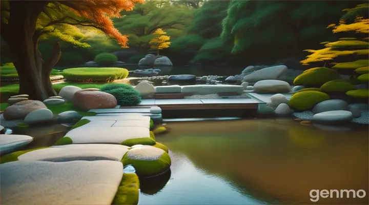 Symmetrical composition with river waves, central zen garden with rock formations and bridge