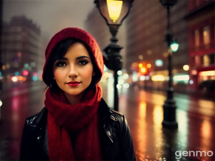 A woman with a red scarf under a streetlight, being beautifully illuminated by the warm glow of the light