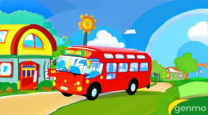 a red bus driving down a road next to a house