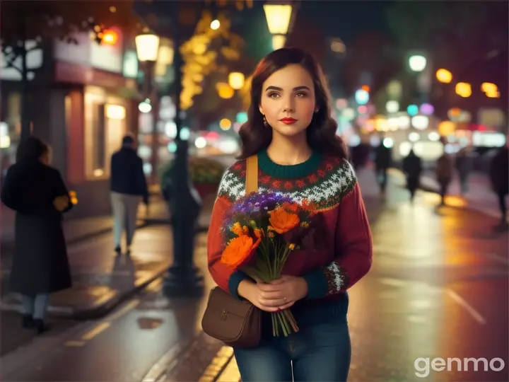 A woman with flowers in her hand in a colorful sweater slowly walks down a night street