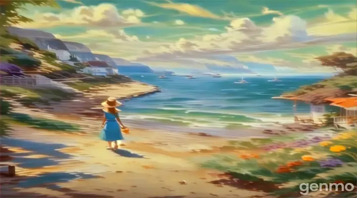 a painting of a girl walking down a path to a beach girl walks along a path towards the sea, near a white house with a lilac roof on the shore 16:9