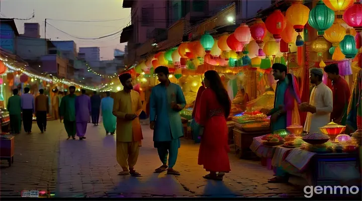 4K wide shot of a vibrant Pakistani bazaar at sunset. Colorful fabrics and lanterns illuminate the scene. A young Pakistani couple (woman: 23, man: 24) stands mesmerized by a street performer (optional: playing a traditional instrument). A single red rose lies forgotten on a nearby chai stall, hinting at a budding romance
