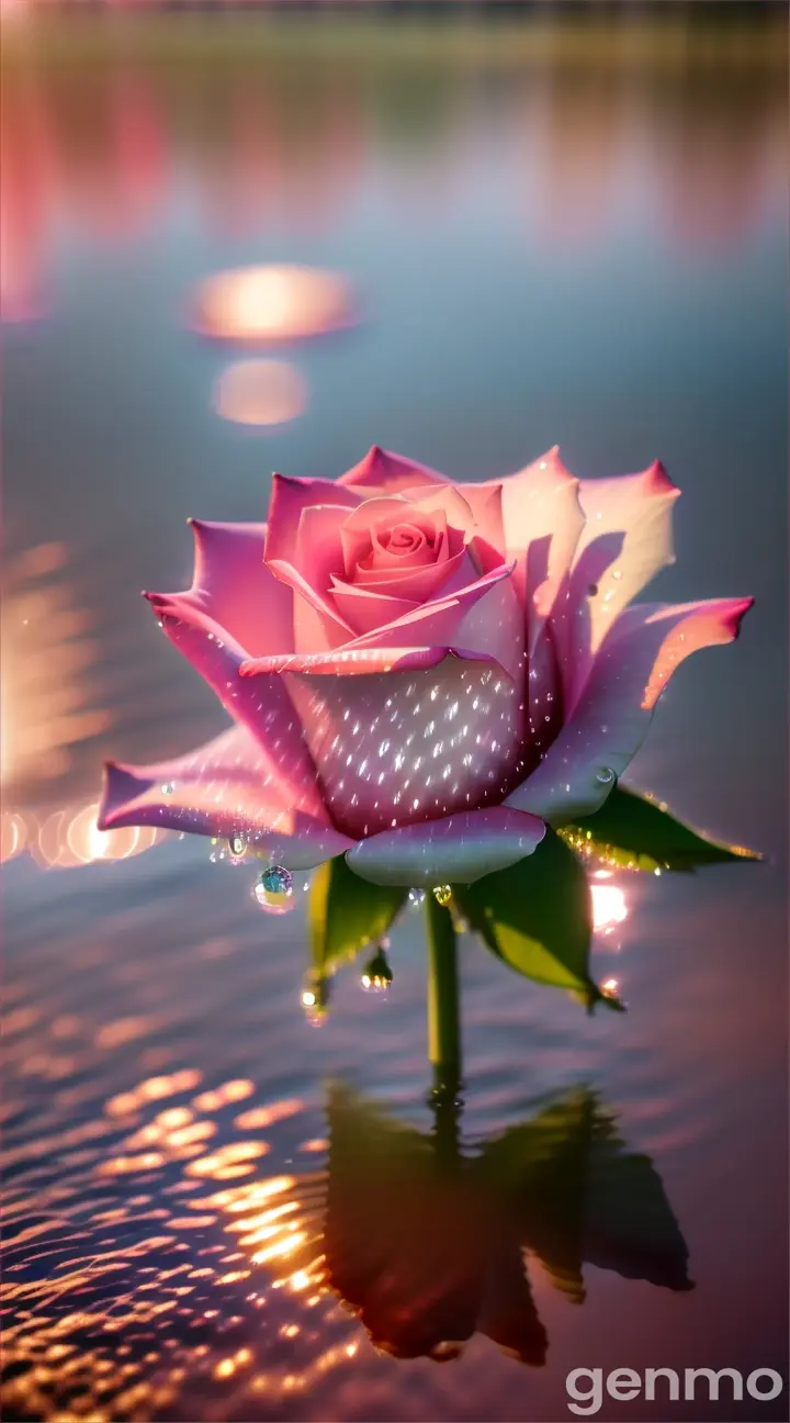 A vibrant pink rose floating on the surface of a pond, surrounded by water droplets and reflecting on the surface.
