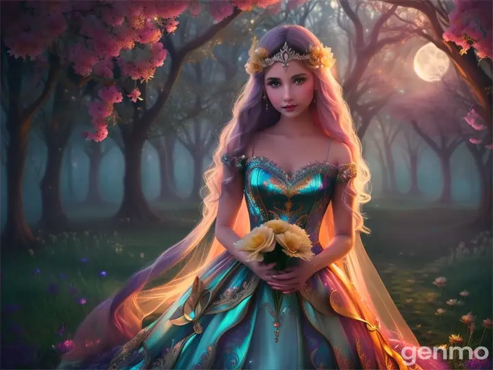 A beautiful girl wearing a mythical sparkling dress holds flowers under the moon in a fantasy scene 