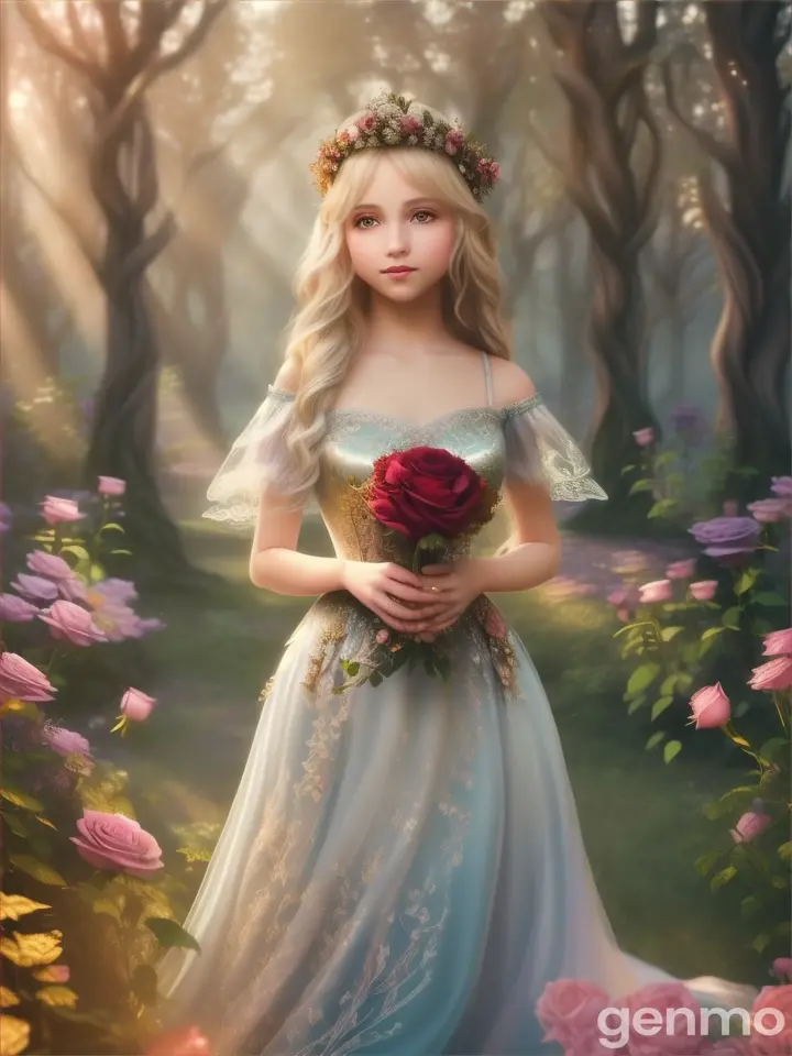 A beautiful girl wearing a legendary dress and holding roses in her hand in a fantasy scene 