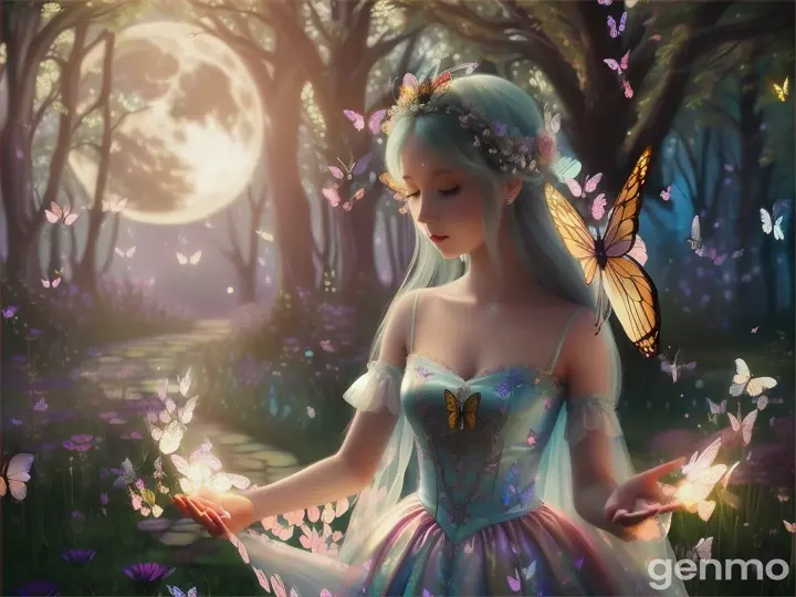 A beautiful girl wearing a fantasy dress, releasing butterflies in a magical forest under the glowing moon