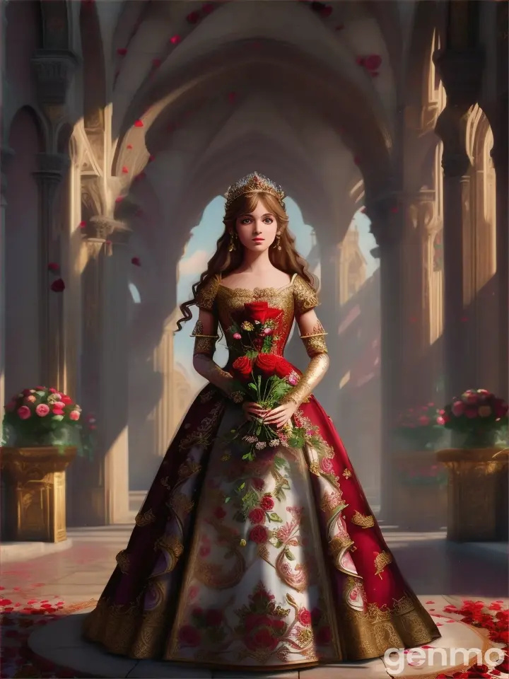 A beautiful girl wearing a fantasy dress and holding roses in her hand in a legendary scene 