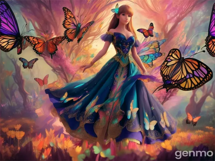 A beautiful girl wearing a fantasy dress among butterflies flying in a fantasy landscape 