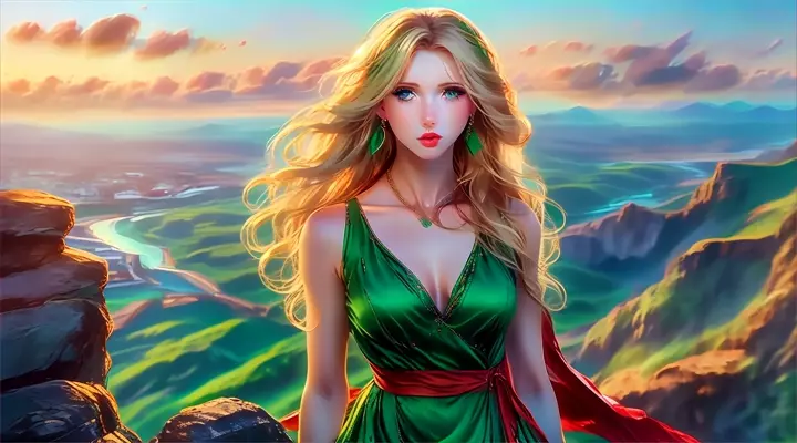 a woman in a green dress standing on a cliff