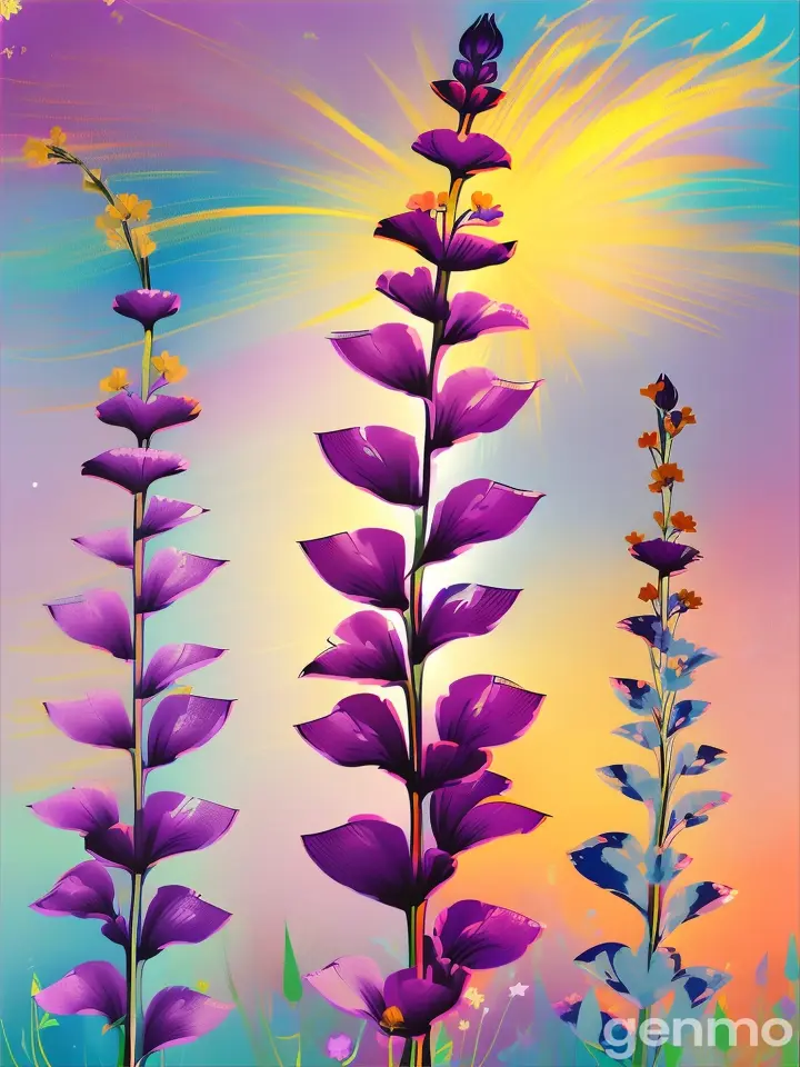 Drawing (brushstrokes with strokes, dashes, blots): three stems stylizedviolet  snapdragon flower against a background of blue sky and stylized sun with rays. On an abstract pop art background with spots and strokes in lilac shades. In the sky: yellow round sun with distinct rays. Рисунок (мазки со штрихами, черточками, кляксами): три стилизованных стебля violet snapdragon flower  на фоне голубого неба и стилизованного солнца с лучами. На абстрактном фоне поп-арта с пятнами и штрихами в лиловых оттенках. В небе: жёлтое круглое солнце с отчётливыми лучами.