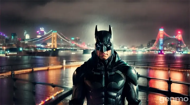 Batman standing in the rain on a bridge, the wet pavement reflecting the anime city below make it ghibli 