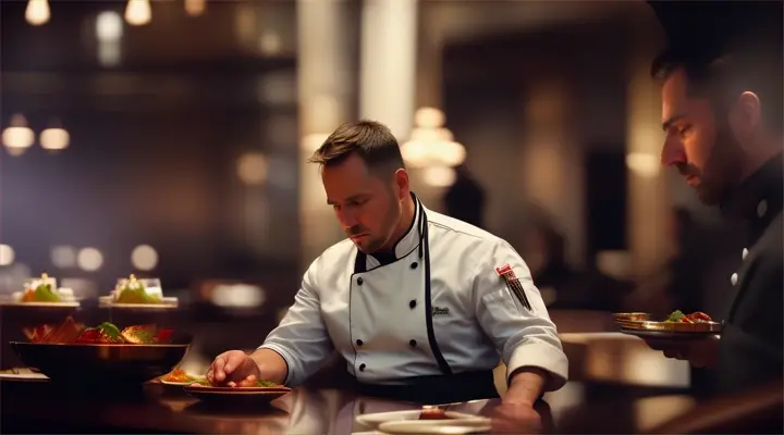 Scene 3
The chef of an expensive restaurant goes out into the guest room and kneels near the table to ask for forgiveness, long shot. Focus on important details, faces, man has five fingers, one head, artistic realism