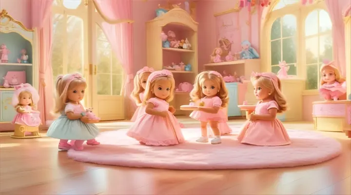 a group of little girls in a pink room, baby dolls, beautiful, dolls are playing, dolls are smilling