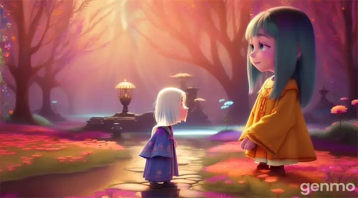 Lily approached the ghost slowly, not feeling fear but sympathy 3d cartoon 