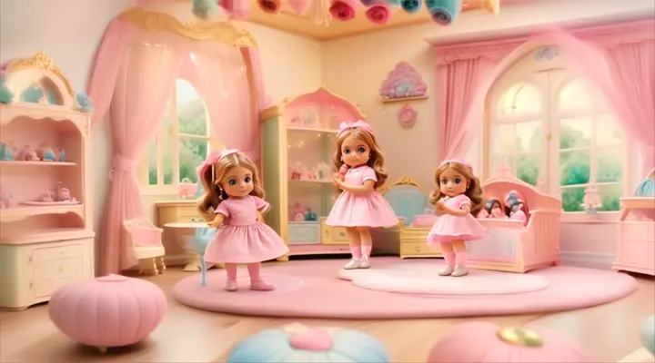 a little girl in a pink dress standing in a room, baby dolls, beautiful, dolls are playing, dolls are smilling