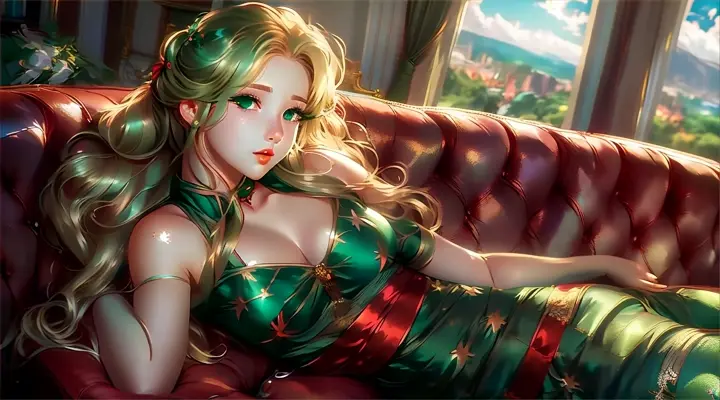 A beautiful woman in a green dress laying on a couch in a luxuriously appointed Art Deco room, dark and moody lighting