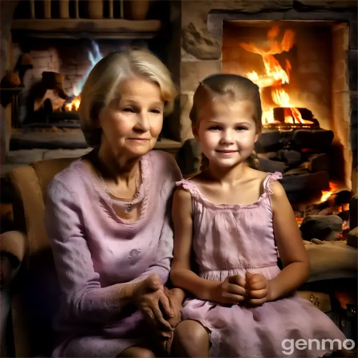 an older woman and a young girl sitting in front of a fire place speaking