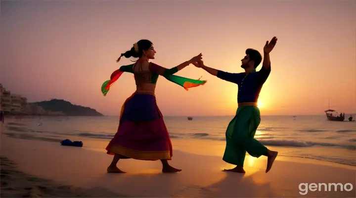 Emotions: Joyful celebration, shared laughter, carefree atmosphere.
Description: a Pakistani girl age 23 year old and her boy friend age 24 year old dances amidst a vibrant Pakistani beach, their bodies swaying to the rhythm of traditional music, colorful lights illuminating their faces as they spin and twirl, their laughter echoing through the lively crowd, 4k wide shot