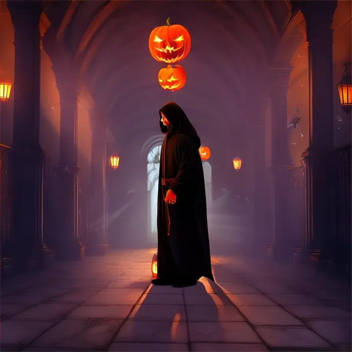 masterly Photorealistic depiction of a hooded figure in a haunted corridor, illuminated by the soft glow of jack-o'-lanterns. The figure's luminescent robes flow eerily, transitioning into ethereal wisps of orange and deep purple. Bats flutter around, and the distant sound of echoing laughter hints at the Halloween theme. The setting is both mystical and chilling. physically correct 3d animation Frame per Frame, pixar disney, flawless Ed Roth & TOON NPR MANGA Style, <lora:frame-interpolation:1.6><lora:hdr-enhancement:1.4><lora:depth-enhancement:1.2><lora:artistic-effect:0.9>, Cell-Shading." --Video_generation_corrections="Error correction: <lora:error-correction:1.0><lora:artifact-removal:1.5> & Collision detection and avoidance: <lora:collision-detection:1.3><lora:spatial-awareness:1.4><lora:movement-synchronization:1.5> & Avoidance of double images and false additional images: <lora:duplicate-removal:1.6><lora:consistency-check:1.2><lora:scene-consistency:1.2><lora:frame-integrity:1.3>." --CV="Computer Vision for the recognition and processing of visual elements" --NLP="Natural Language Processing for accurate text interpretation"--GANs="Generative Adversarial Networks for the generation of realistic video elements" --RL="Reinforcement Learning for the optimization of video transitions and movements" --Transfer_Learning="Transfer Learning for the adaptation and fine-tuning of video presentation" --Neural_Rendering="Neural Rendering for the creation of photorealistic videos" --Automated Video Generation="Uses AI for video creation to ensure correct video generation”