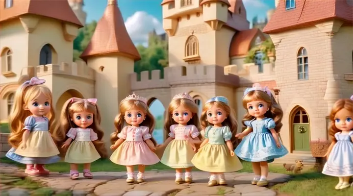 a group of little girls standing next to each other in front of a castle, baby dolls, beautiful, dolls are playing, dolls are smilling