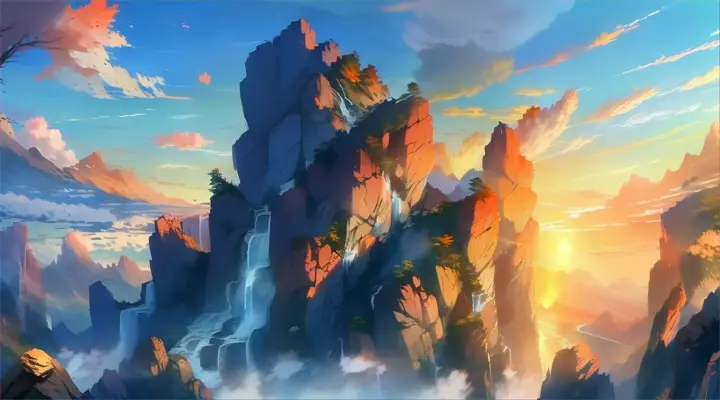 a painting of a mountain with a waterfall
