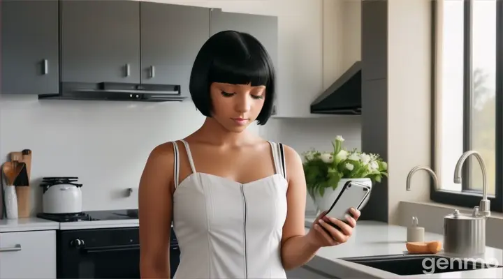 a young woman with Black Bob Cut Hair in white dress standing in a kitchen looking at her black cell phone