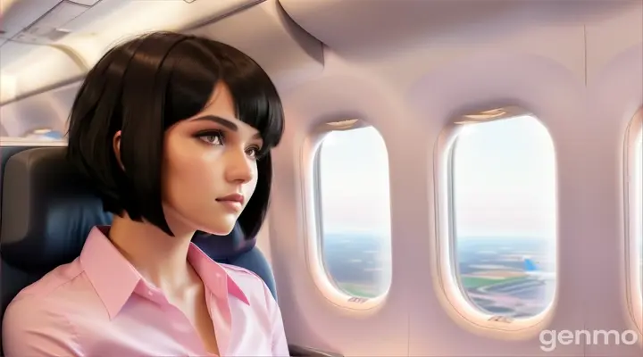 inside the airplane, a sad young woman with Black Bob Cut Hair in light pink blouse shirt sitting in an airplane looking out through the plane window