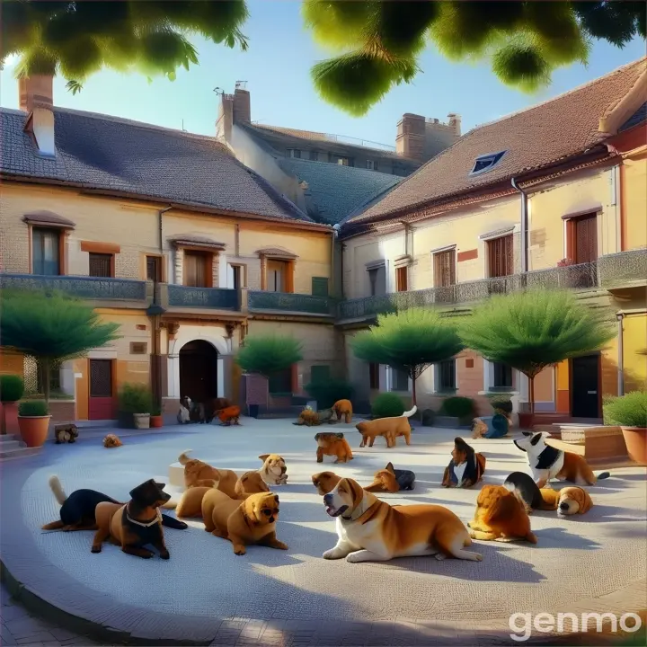 a group of dogs laying on the ground in a courtyard
