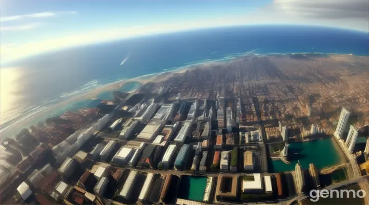 an aerial view of a city and the ocean