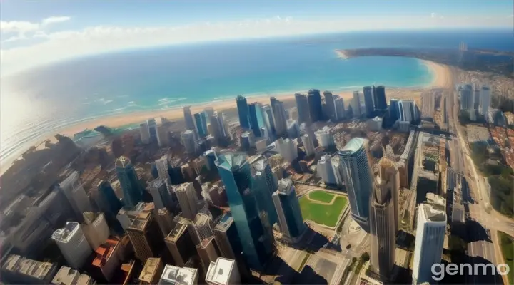 an aerial view of a city and the ocean