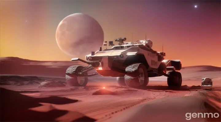 On Mars Earth, the earth visible in the sky, the lunar rover is moving.