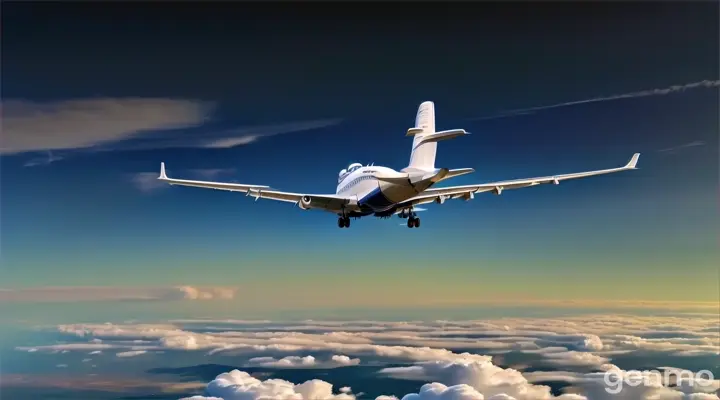 a back view of a white airplane flying through a blue sky