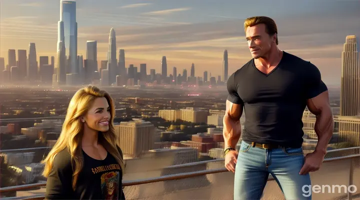 On Earth,in a city, Arnold Schwarzenegger-looking guy is standing Her foot rests on a dead gorilla, a girl wearing blue jeans and a red half-sleeved shirt. Her golden hair is flying. Standing by and smiling.