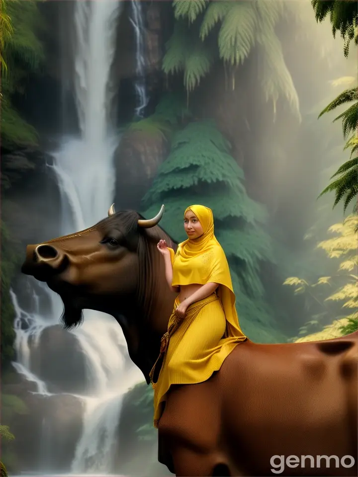 Wanita bule cantik memakai jilbab warna kuning berdiri memeluk sapi raksasa dekat air terjun ditengah hutan belantara