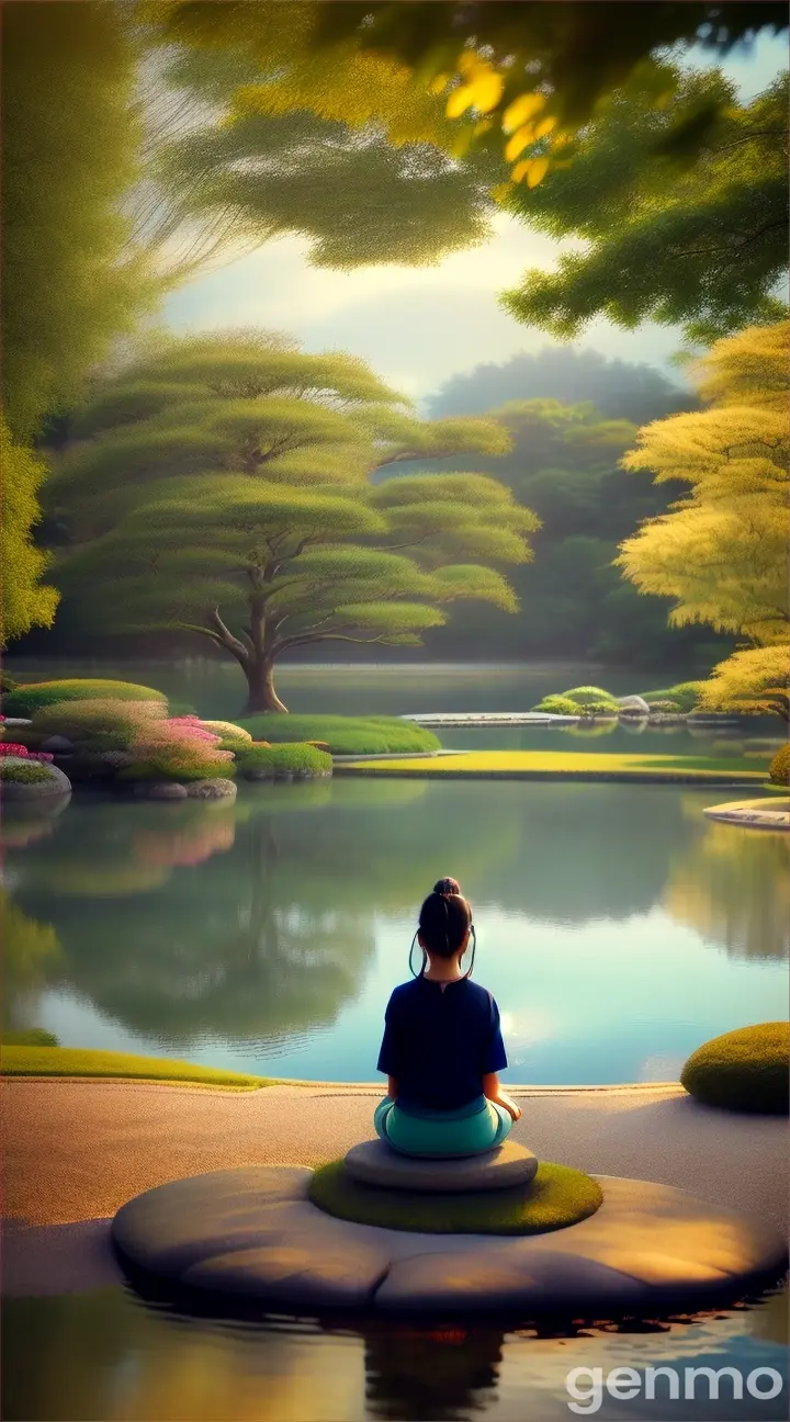 A person meditating in a beautiful garden with a lake