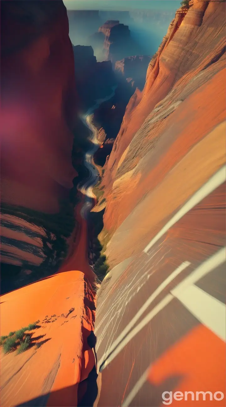 First-person skateboard downhill over a canyon, perspective emphasizes depth and vertigo-inducing drops