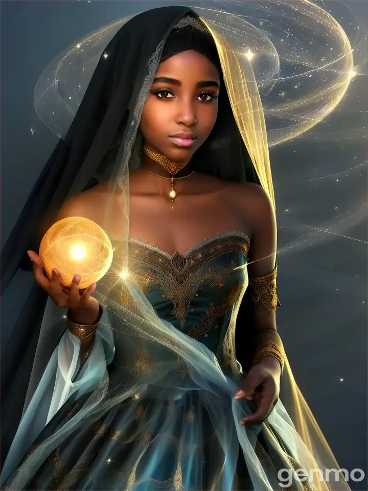 A 17-year-old Black muslim woman with an ethereal and otherworldly aura, Nihur Al commands the twilight of every life. Her eyes are luminous, filled with the wisdom of ages beyond her years. She wears a gossamer gown that shimmers like the boundary between dreams and reality, and her hair is a cascade of starlit shadows. In her hands, she holds a sphere of swirling energy that unravels the very fabric of thought.
