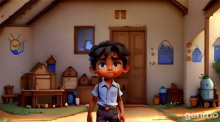 a young boy walking in front of a house. His father was a farmer and mother worked as a domestic worker. Despite poor financial conditions, Arjun's parents gave priority to his education. HD 8k cinematic Image quality.