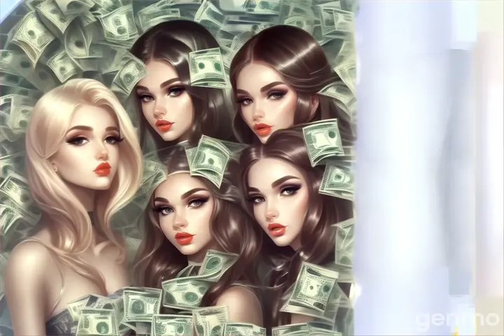 a painting of three women surrounded by money