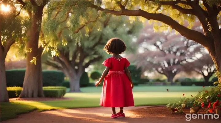 on a pure white background landscape of 16.9 .A pretty light in complexion 5-year-old African girl in her garden looking at a red cardinal bird hopping back and forth the branches of an oak tree