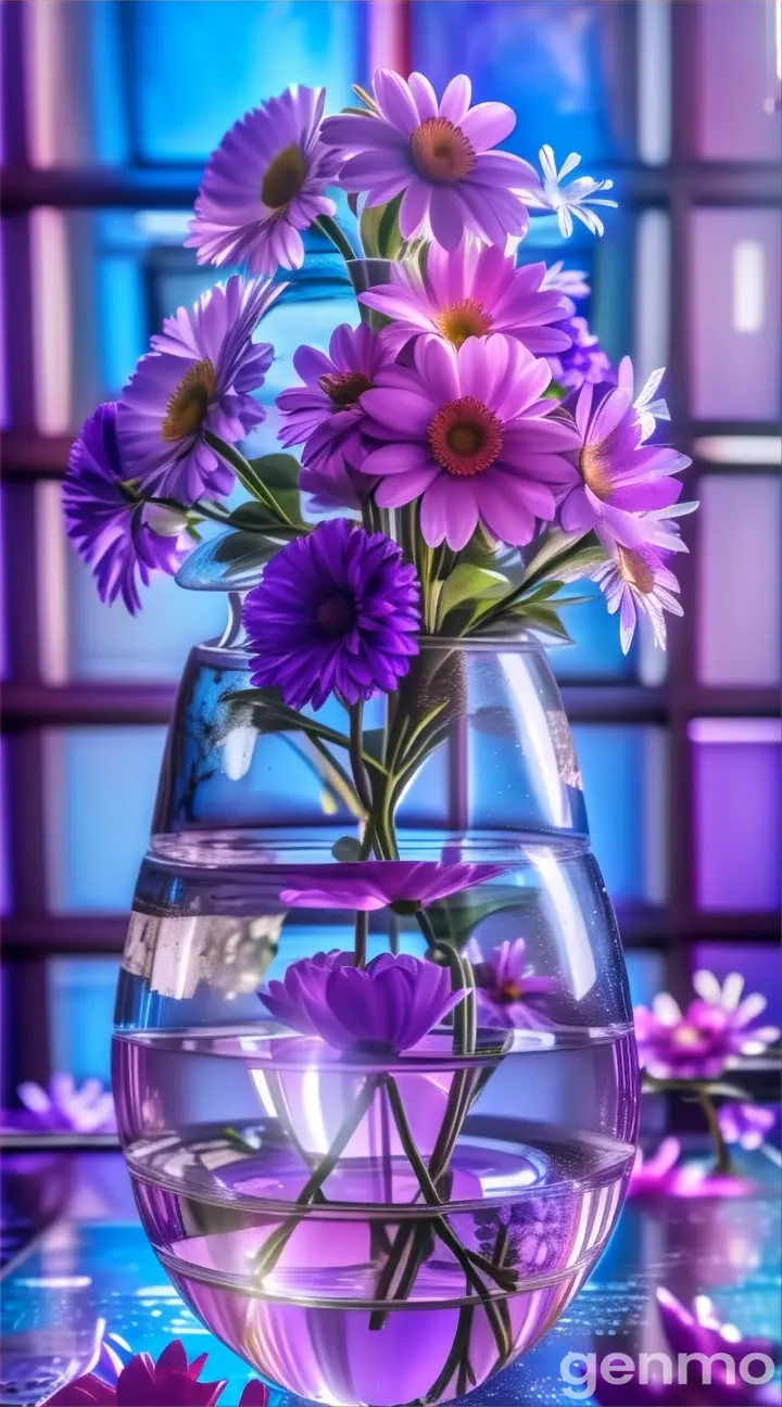 a vase filled with purple flowers sitting on top of a table