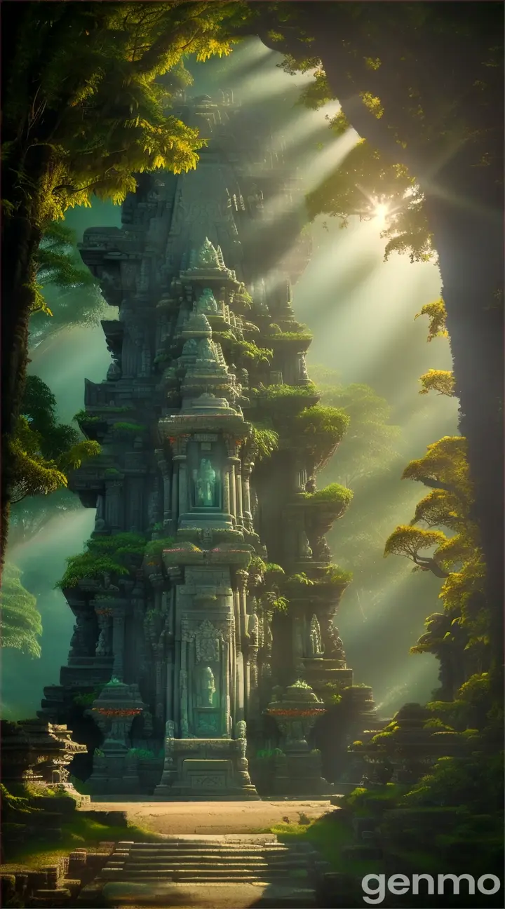 An ancient hard stone temple with intricate advanced alien reliefs, spaceship reliefs reliefs, carving on it, in the middle of a rainforest