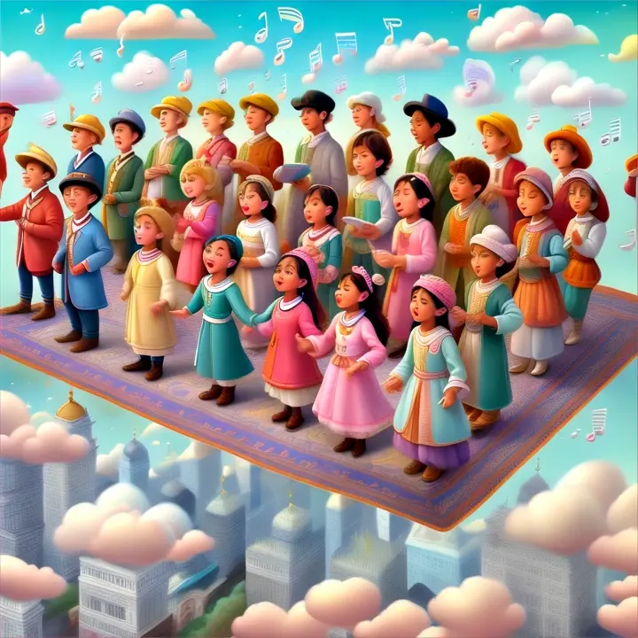 Scene: Chorus in the Sky
Description: The children, now wearing outfits representing their countries, sing the chorus while flying high in the sky, with clouds forming musical notes.
Characters: Children in international costumes.
Objects: Flying carpet, clouds, musical notes.